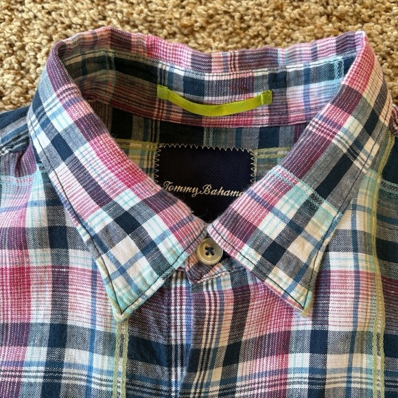 Tommy Bahama Mens Medium 100% Linen Plaid Button Shirt Pink Blue Teal - Picture 3 of 14